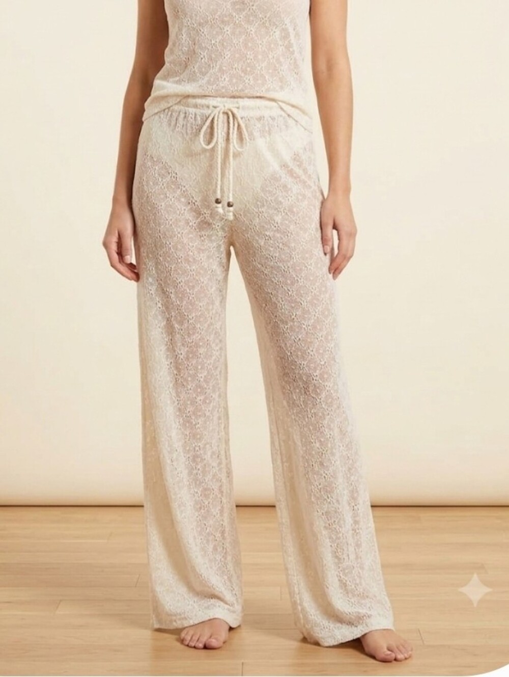 H&M Semi Sheer Lacy Light Cream Textured Wide-Leg Pants M